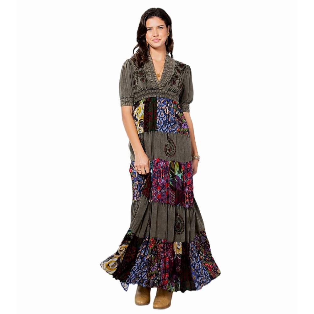 Young Threads Graphite Embroidered Patchwork Tiered Maxi Dress DR23666